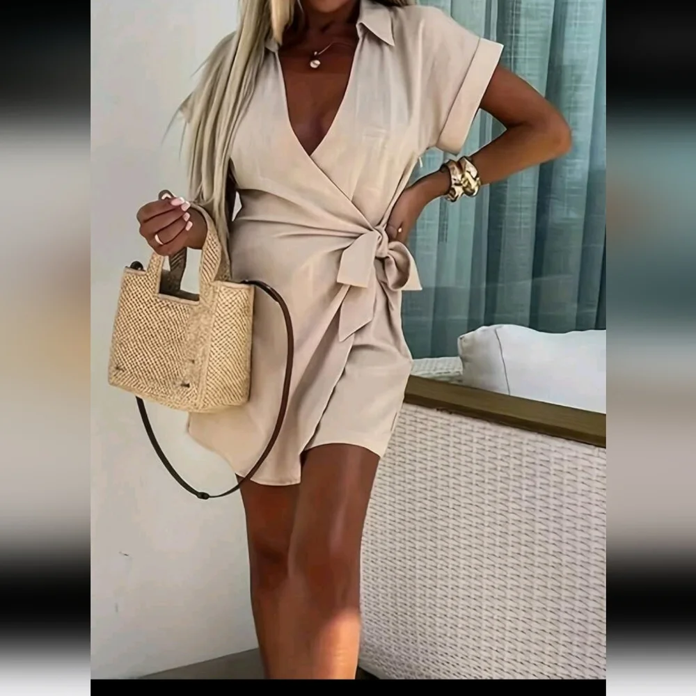 Women's Sexy V-Neck Tie-Front Short Sleeve Bodycon Jumpsuit Romper - Soli - Picture 3 of 4